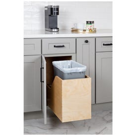 Single 35 Quart Wood Bottom-Mount Soft-close Trashcan Rollout for Hinged Doors, Includes Grey Can